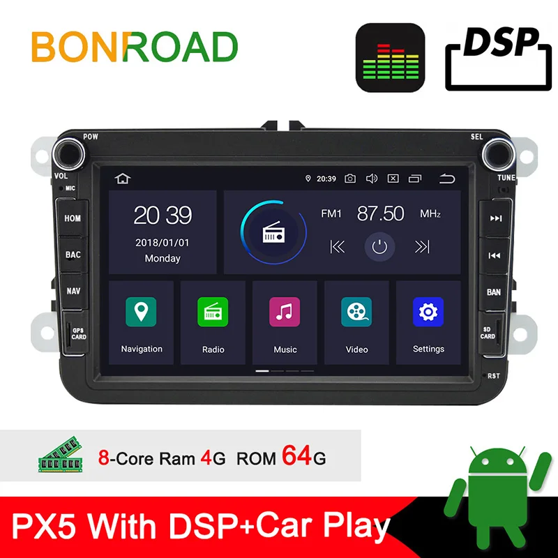 Bonroad 2din Android автомобильный мультимедийный плеер ForVW для Passat Seat Skoda rapid Bora gps навигация радио плеер(без dvd - Цвет: PX5 DSP Carplay