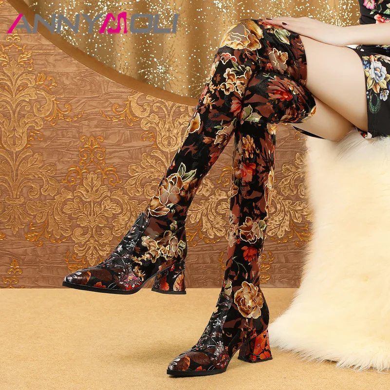 

ANNYMOLI Winter Thigh High Boots Women Flower Block High Heel Over the Knee Boots Sexy Slim Stretch Shoes Ladies Fall Size 34-39