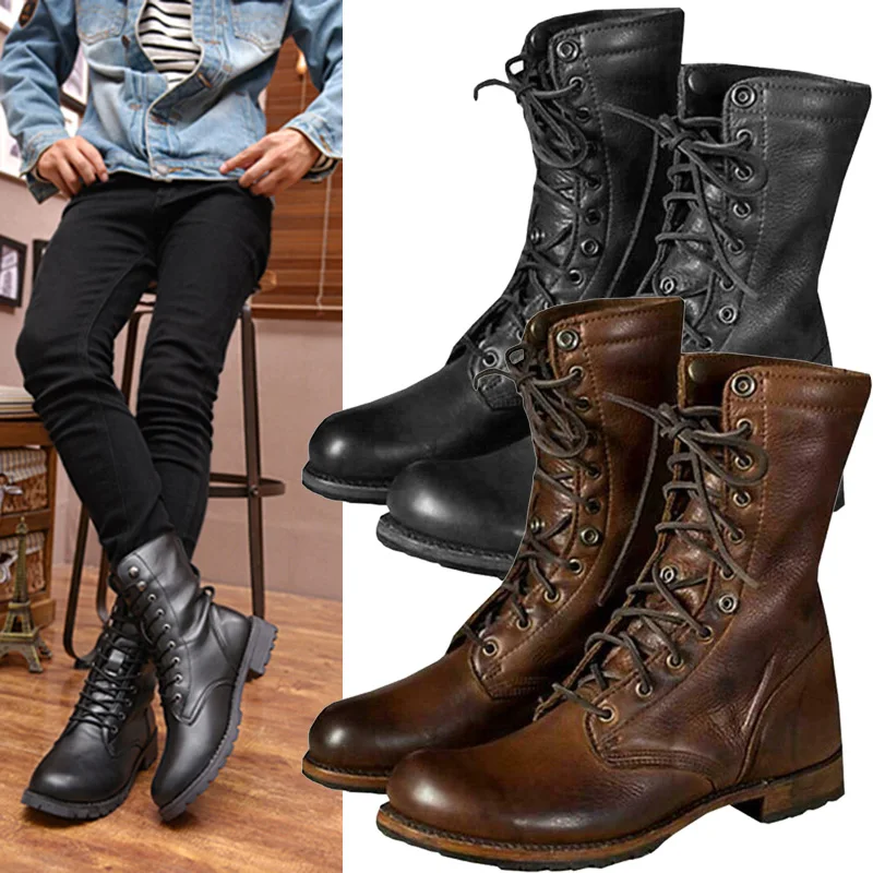 Newly Retro Men Punk Motorcycle Leather Ankle Boots Lace Up Combat Shoes  Do99 - Men's Boots - AliExpress
