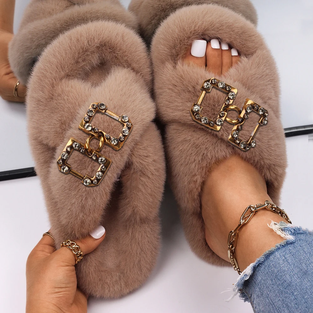 

Furry Slippers Women Luxury Square Buckle Faux Fur Slides Fluffy Flip Flops Platform Fashion Slippers Fur Sandals Female Shoes