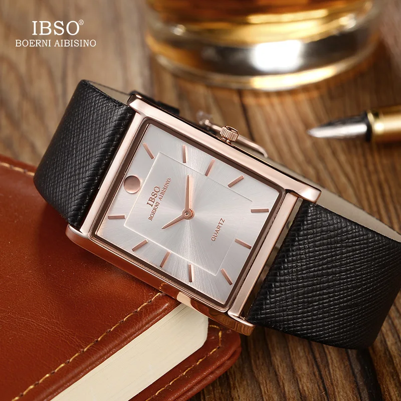 IBSO Ultra-Thin Rectangle Dial Men Watches Soft Leather Strap Quartz Wristwatch Classic Business Watch Men Relogio Masculino