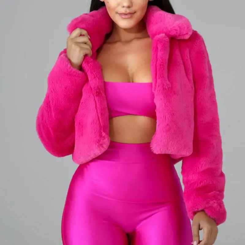 

Winter Warm Fluffy Faux Fur Coats Jackets Women Furry Fake Fur Cropped Jacket Turn Down Collar Open Front Overcoat 7479