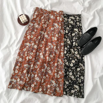 

2020 Summer Women Vintage Floral print Midi Long Skirt Female Korean Casual High Waist a-line Chiffon Skirts Jupe Faldas