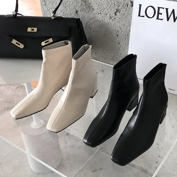 

Casual 2020 Winter INS Women Beige Block High Heels Ankle Boots Ladies Low Heels Chelsea Boots Soft Leather Boots Party Shoes