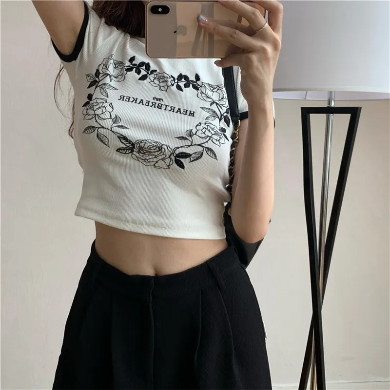 

Real shot 2020 new summer retro elegant sexy short-sleeved fashion printed t-shirt
