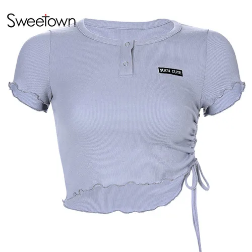blue Sweetown синяя боковая бандажная Базовая футболка женская с коротким рукавом О-образным вырезом с буквенным принтом Эстетическая одежда с пуговицами тонкая сексуальная футболка - Цвет: blue