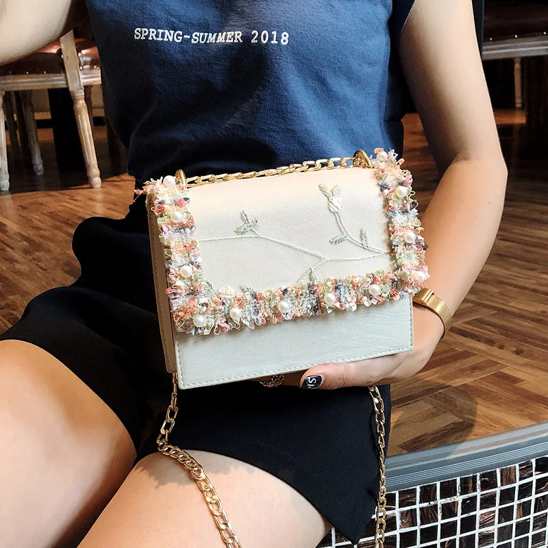 

Fairy Bag 2020 Summer New Style Sweet Pearl Flower Lace Square Sling Bag GIRL'S Chain Shoulder Bag