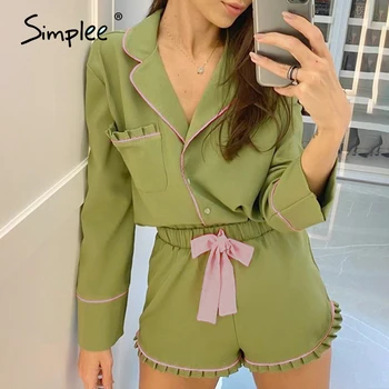 

Simplee Women Green Casual Pajamas Pyjamas Set Long Sleeve Sleepwear Pijama Suit Female Sleep Two Piece Women Set Loungewear