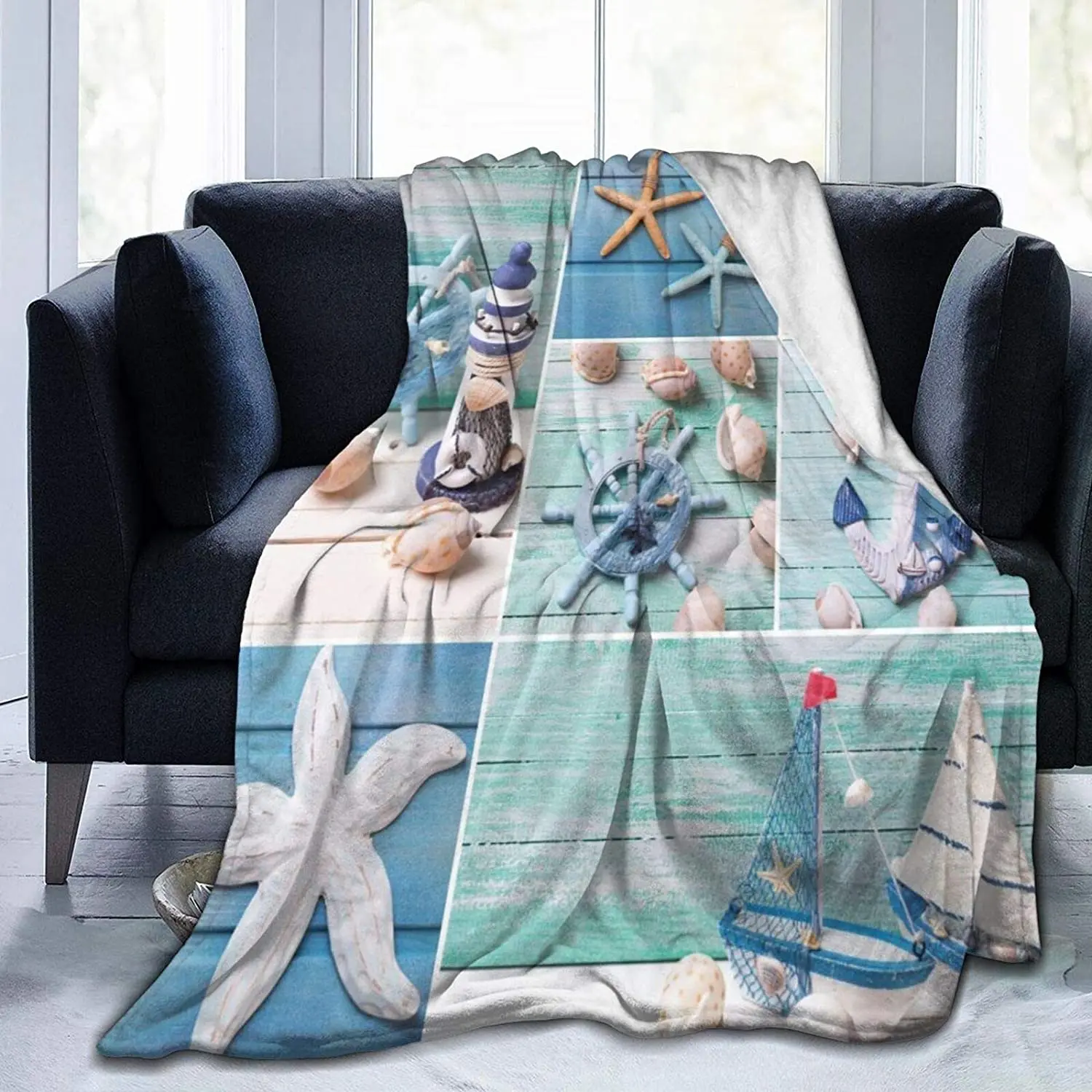 Sea Theme Lighthouse Sailing Boats and Marine Throw Blanket Plush Microfiber for Bed Sofa Couch Camping Travel | Дом и сад