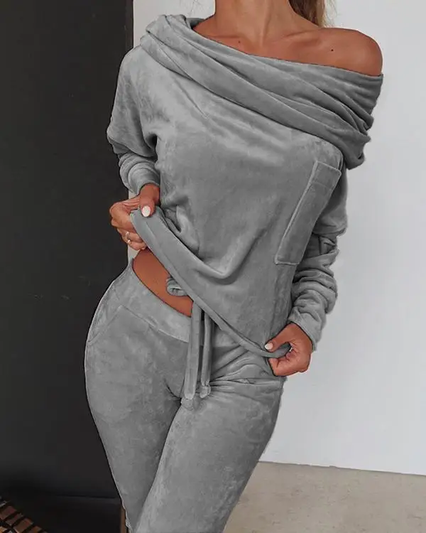 

Women Off Shoulder Pleuche Top + Trousers Set