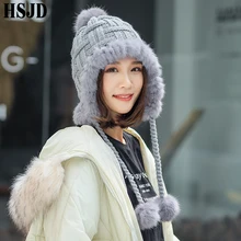 Вязаная зимняя шапка ручной работы из натурального меха, Женские клетчатые вязаные шапки с тремя помпонами, женские шапки, теплая вязаная Лыжная шапка