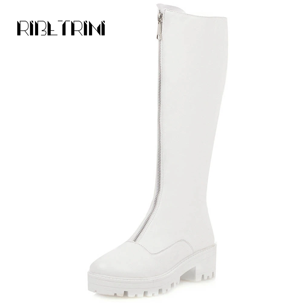 

RIBETRINI Motorcycle Boots Women Designer Rubber Sole Block Heels Round Toe Platform Shoes Woman Front Zipper Knee Boots