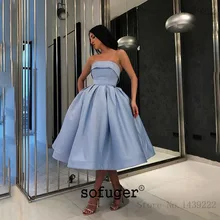 Синий светильник без бретелек Короткие до колена атласные платья для выпускного вечера вечерние Платья Vestidos De Festa