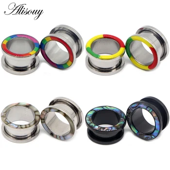 

Alisouy 2pc Surgical Steel Rainbow Epoxy Shell Ear Screw Flesh Tunnel Plug PIercing Gauge Expander Stretcher Hollow Body Jewelry