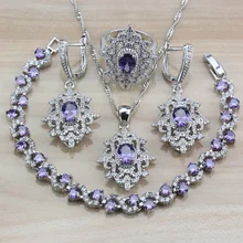 Изысканные женские свадебные ювелирные наборы 925 пробы серебро Природный пурпурный кристалл CZ серьги ожерелье браслет кольца для новобрачных