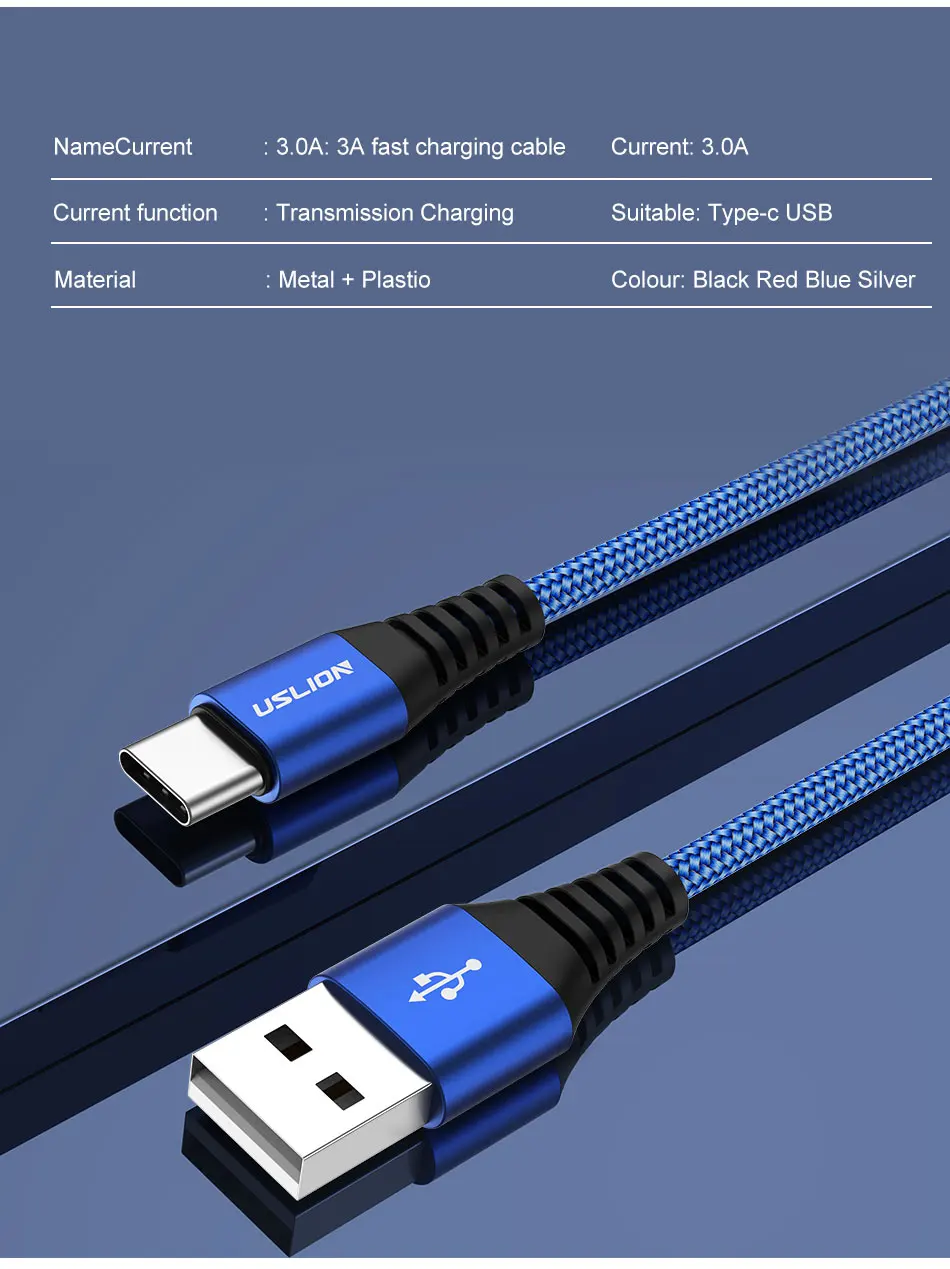 USLION usb type C кабель для samsung S10 S9 S8 A50 Xiaomi Redmi Note 7 3A Быстрая зарядка данных USB-C кабель для мобильного телефона type-C