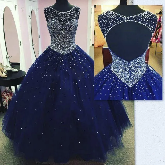 

Modest Sparkly Dark Blue Prom Dress Quinceanera Dresses Masquerade 2020 Open Back Bling Crystal Pageant Dresses For Sweet 16