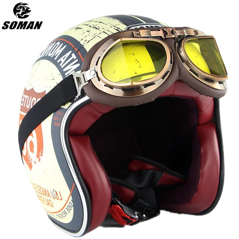 Electric Vespa Scooter Helmet Vintage Capacete Aberto Retro Goggles Bobber Casco De Moto Cafe Racer DOT Open Face Moto Helmet
