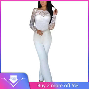 

New White Color Jumpsuit Fashion Women Clothes Lace Plain Wide Leg Off Shoulder Long Playsuit Ropa Mujer Jumpsuit 2019 #C11