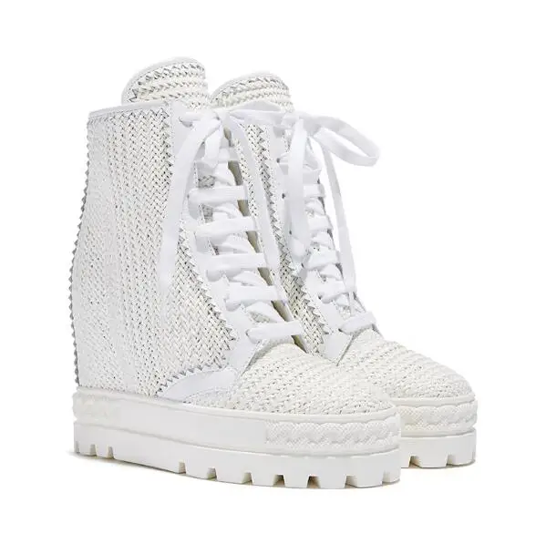 

Dipsloot Woman Fashion White Khaki Lace Up High Top Ironic Sneakers Female 8 cm Hidden Wedge Platform Short Ankle Boots Woman