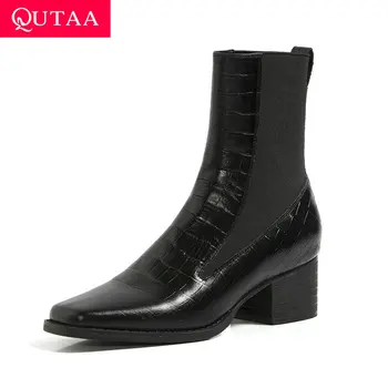 

QUTAA 2021 Autumn Winter Cow Leather Slip on Ankle Boots Square High Heel Women Shoes Square Toe FashionLadies Pumps Size 34-39