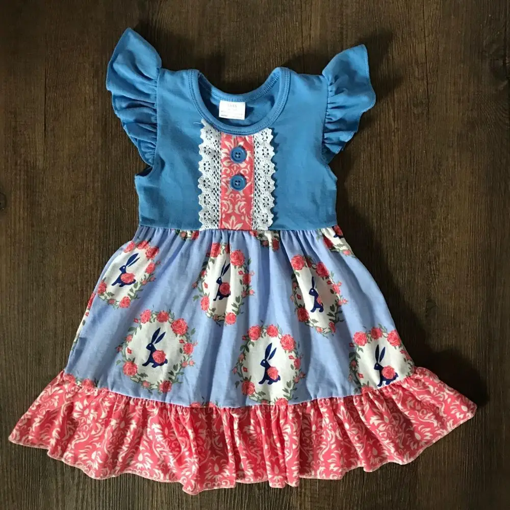 Пасхальное платье с кроликом для маленьких девочек; сезон весна-лето; голубое платье с кроликом из мультфильма; детская Изысканная одежда с пасхальным кроликом