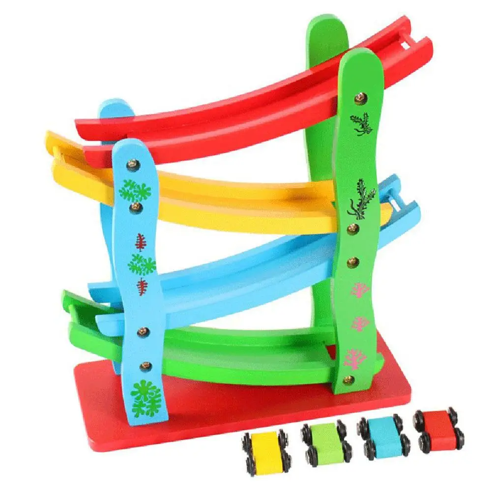 New Fun Factory Wooden Racing Car Slider w 4 Cars Kids Activity Toy Gift