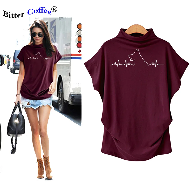 NEW Batwing Sleeve T Shirts Women's German Shepherd Heartbeat T-Shirt Funny Dog Lovers Quote 100 % Cotton Top Shirt Plus Size | Женская