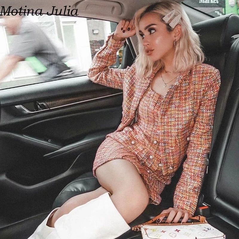 Motina Julia, отложной воротник, твидовая юбка, костюм для женщин, осенняя Повседневная куртка с жемчужными пуговицами, юбка, костюмы, зимняя теплая шикарная верхняя одежда