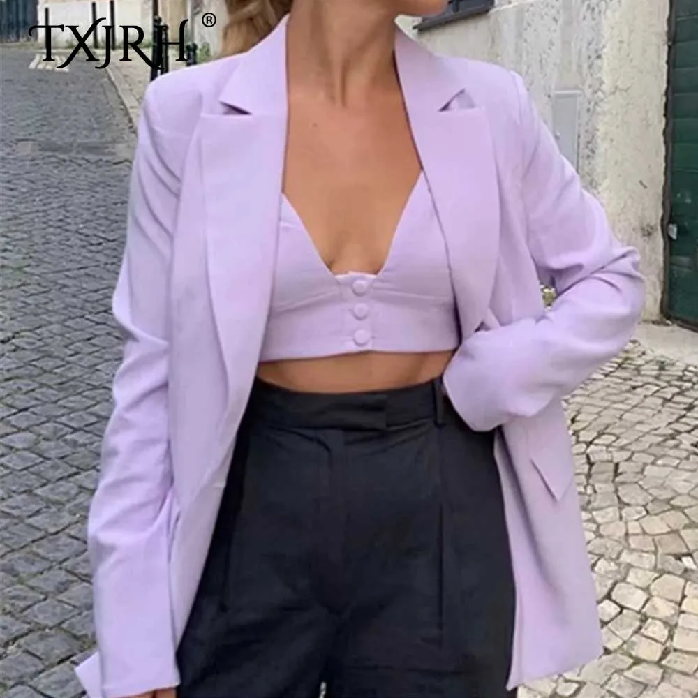 

TXJRH Stylish Lavender Boyfriend One Button Blazer Pockets Notched Collar Long Suit Coat Outerwear Tank Top Shorts 3 Pieces Sets