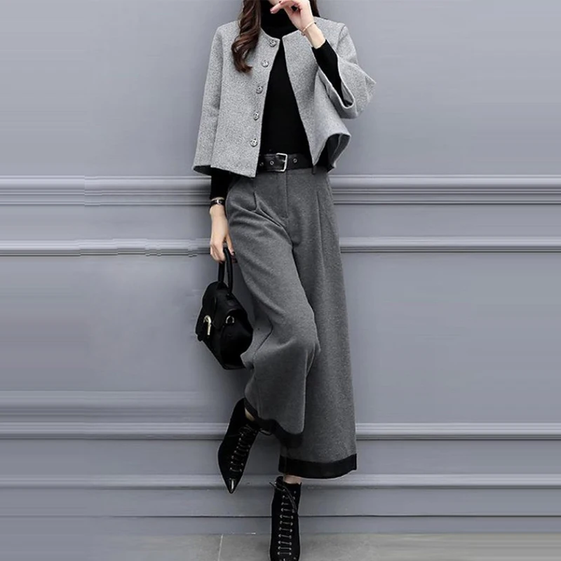 Women Two Piece Set Winter Wool Blends Short Wool Coat Wide Leg Long Pants Sets Korean Office Fashion Casual 2 Pieces Suit