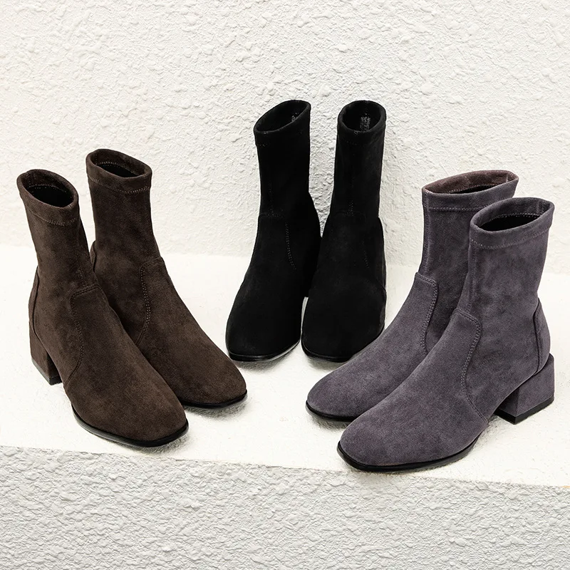 

2018 Autumn And Winter New Style High Heel Boots Women's Martin Boots Chunky Heel Short WOMEN'S Shoes Thin Boots Suede round-Toe