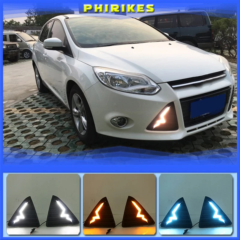 

Автомобильный Стайлинг 12 В светодиодные DRL дневные ходовые огни наборы сигнал поворота противотуманная фара крышка отверстия лампа для Ford Focus 2012 2013 2014 2015