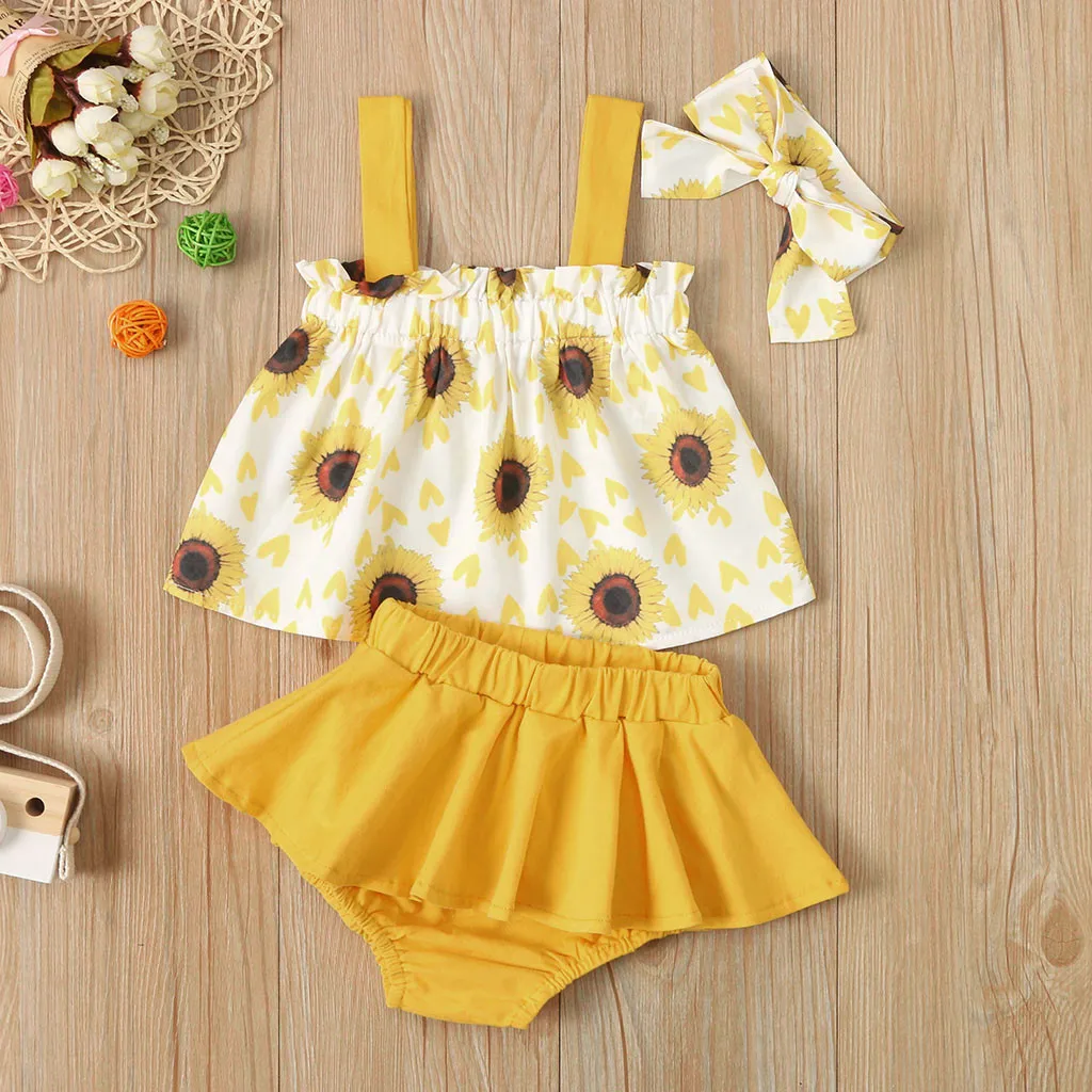 Toddler Baby Girls Sleeveless Sunflower Vest Tops+Solid Ruffle Shorts Outfits summer yellow Casual set vetement beb fille | Детская