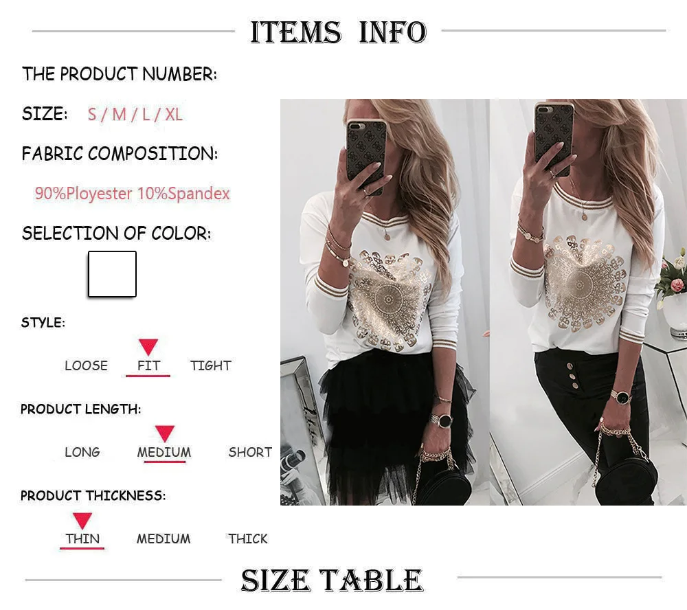 Autumn Spring Slim T Shirt Women Gold Pattern Print Round Neck Long Sleeve Femme Harajuku Korean Streetwear T-shirt White Tops