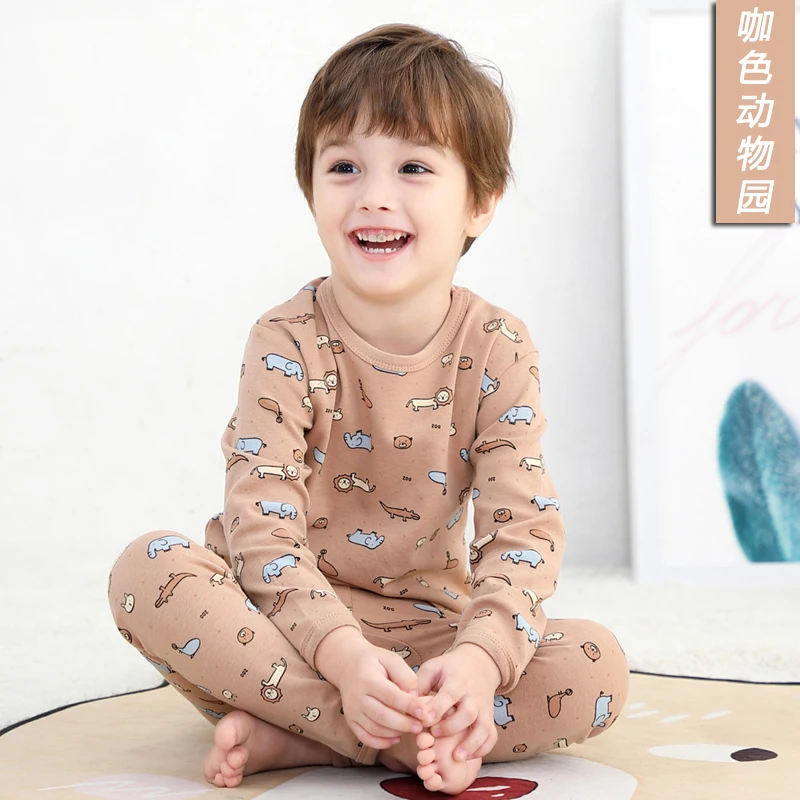 Детские пижамы коллекция года, осенне-зимние хлопковые детские пижамы с круглым вырезом и рисунком, сохраняющие тепло, с длинными рукавами+ штаны, комплект из 2 предметов - Цвет: Coffee Color Zoo