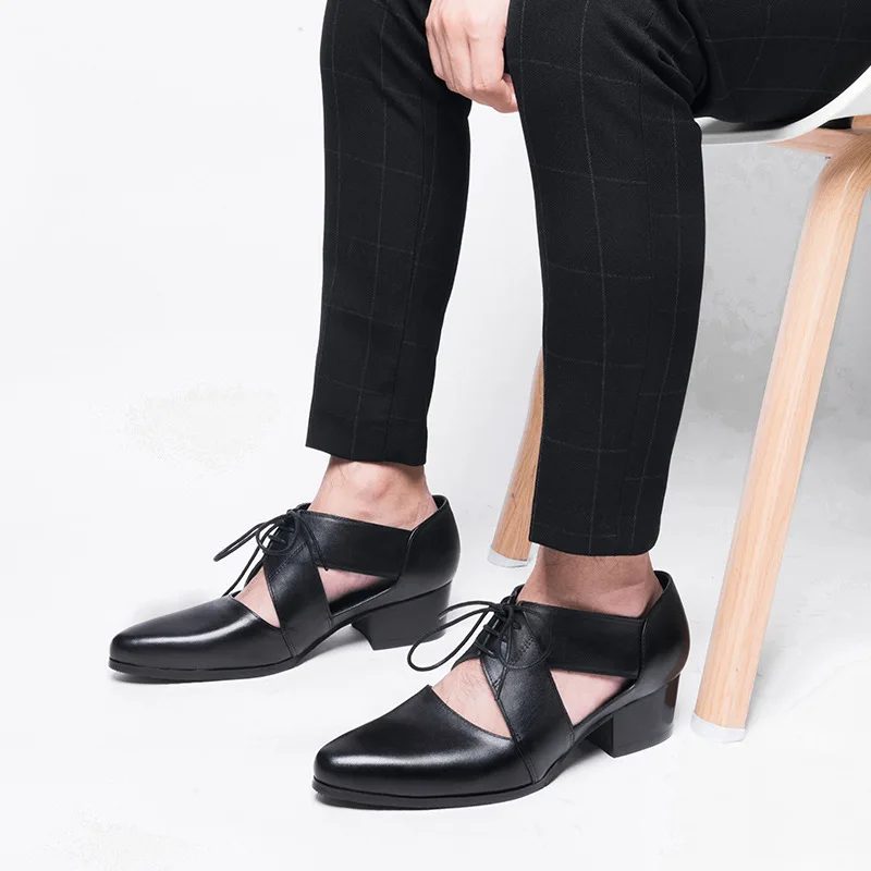 

New Style Closed-toe Casual Sandals Men's Cowhide 2019 Summer Men High Heel Pointed Breathable Hollow out Leather Sandals