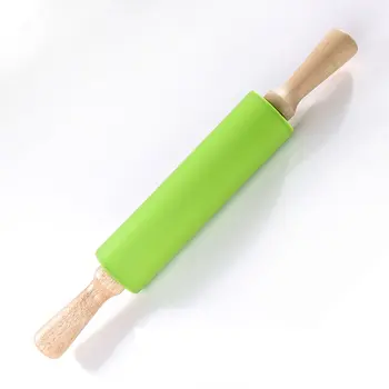 

Food Grade Silicone Rolling Pin Wooden Handle Roller Rotating Non-Stick Dumplings Pressing Stick Walking Hammer Kitchen Bakeware