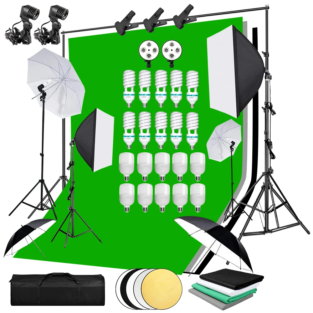 

Photography Photo Studio Softbox Lighting Kit 50x70CM Softbox 4 Lamp Holder Background Frame Backdrops Tripod Stand Reflector