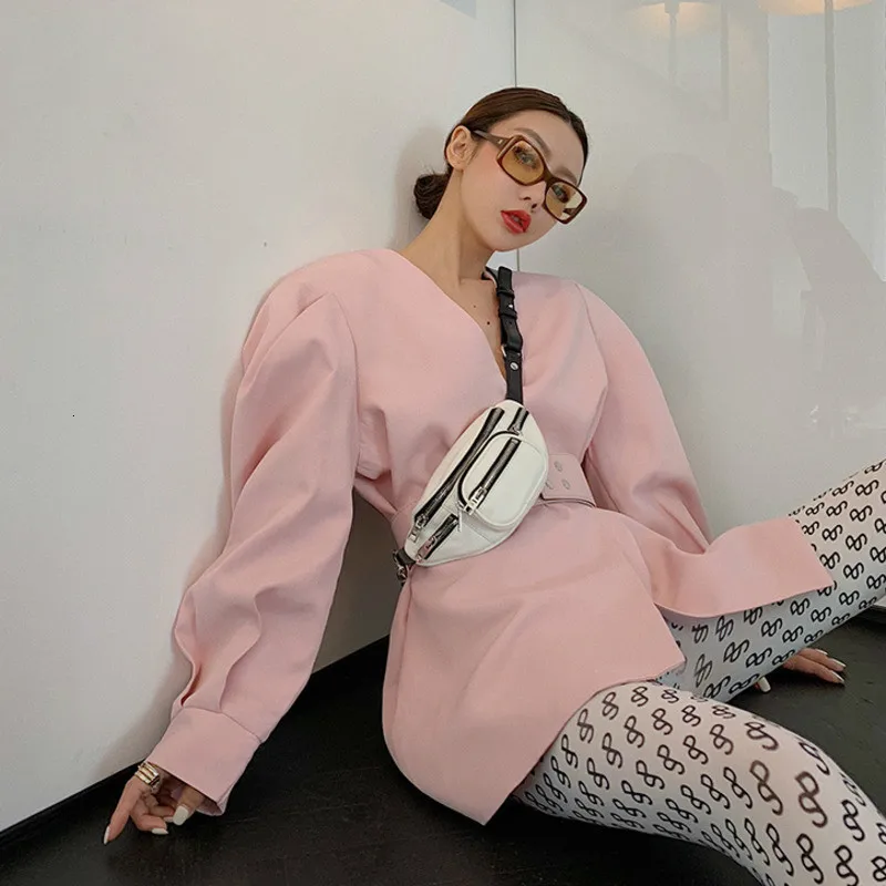

T England Style Fashion Solid Single Button V Neck Full Sleeve Causal Loose Women Blazer 2019 Autumn New Female Suits L183