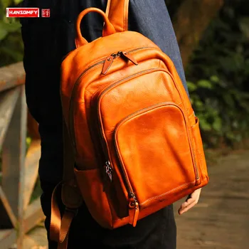

Retro Genuine Leather Men's Backpack Male Shoulder Bag Travel Backpacks Laptop Large Capacity Vegetable Tanned Leather 15.6 Inch