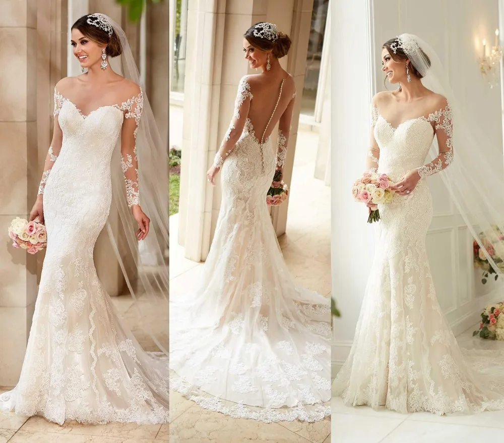 Vestido de noiva с открытыми плечами с длинным рукавом Аппликации цвета слоновой кости кружева свадебные платья с низким вырезом на спине дешевые свадебные платья русалки
