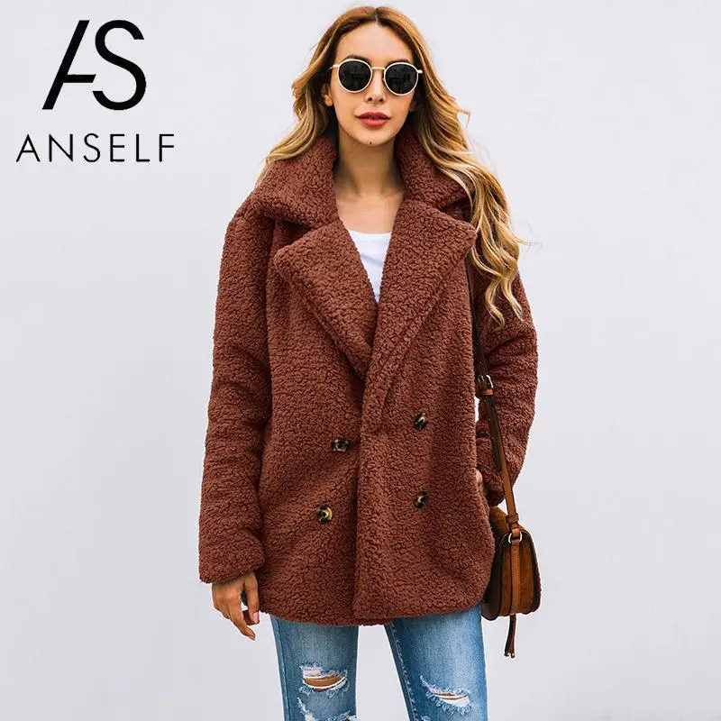 

ANSELF Faux Fur Jacket Women Fuzzy Teddy Bear Jacket Fur Fake Coat Notch Lapels Oversized 2019 Winter Teddy Coat Plus Size 3XL