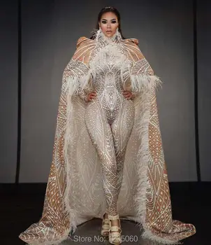 

2020 New Design Big Cloak Jumpsuit Outfit Costumes Birthday Celebrate Bodysuit Jacket Set Dance Wear Bar Prom Singer Long Cloth