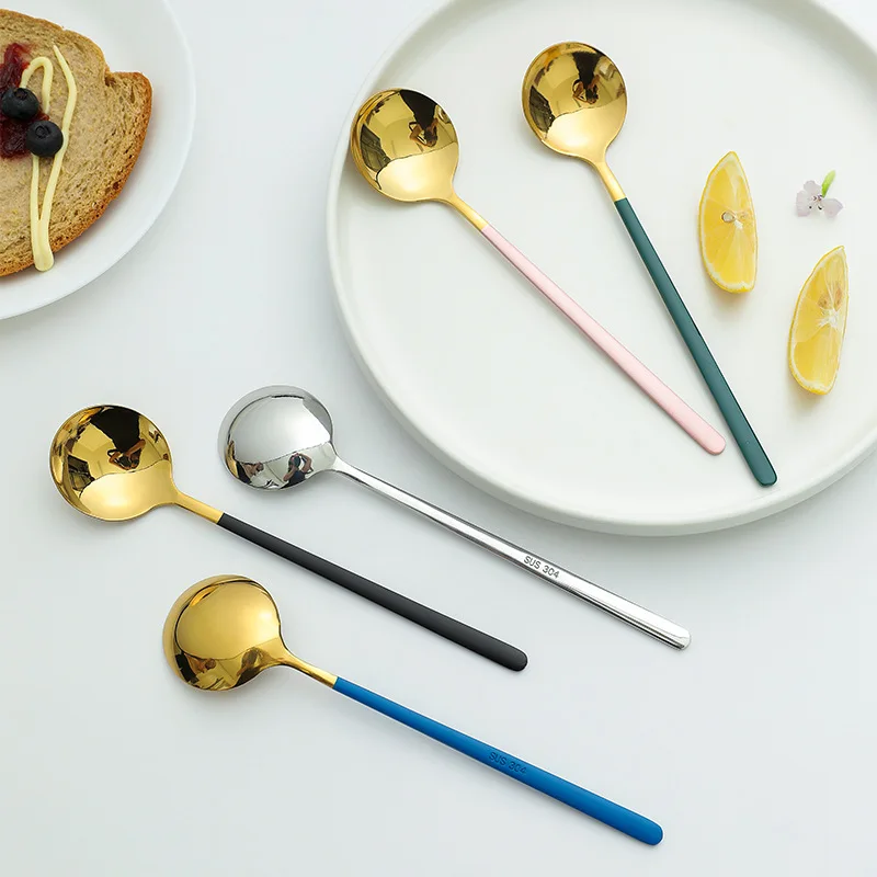 

1PCS Colourful Soup Spoons Stainless Steel Round Mouth Long Ladle for Handle Coffee Dessert Soup Kitchen Tableware Home Supplies