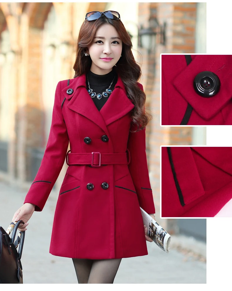 Женская верхняя одежда, теплое зимнее пальто, элегантное шерстяное пальто, женское двубортное шерстяное пальто, простая шерстяная куртка - Цвет: Wine Red