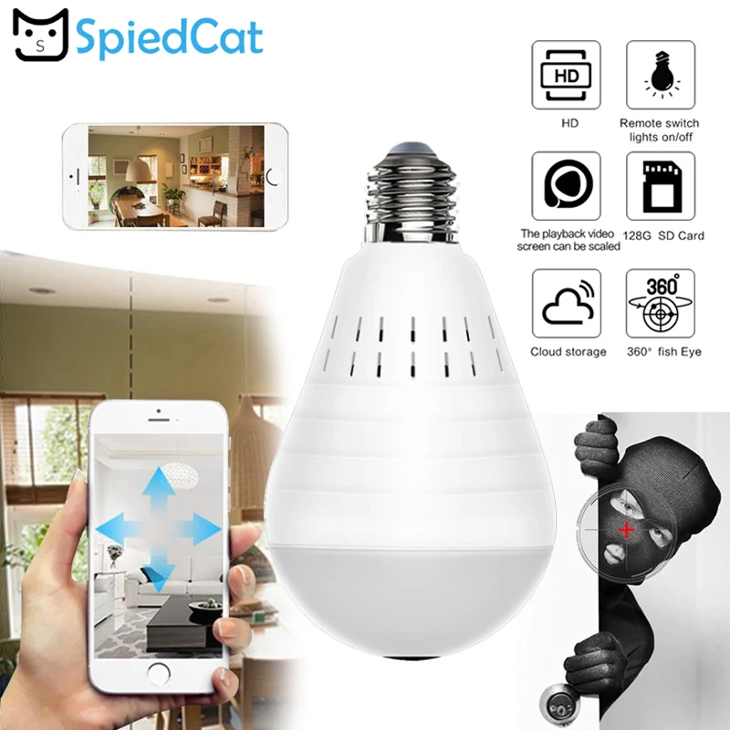 360 градусов панорамный Рыбий глаз объектив умная лампа Беспроводная IP WiFi CCTV