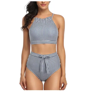 

Womens high waist bikini stripe Lace Up Swimming Costume Padded Swimsuit Monokini Push Up Bikini Sets Swimwear Bikini 2020 mujer