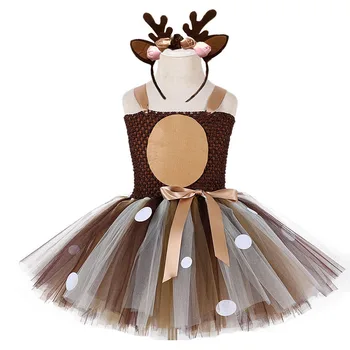 Deer Tutu Dress Happy Purim Baby Girls 1st Birthday Party Dresses Carnival Halloween Winter Cosplay Costume Clothes For Kids 1