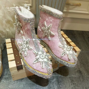 

Shining Crystal Women Winter Boots Thick Plush Handmade String Bead Snow Boots Women Pointed Toe Flat with Ankle Boots for Women